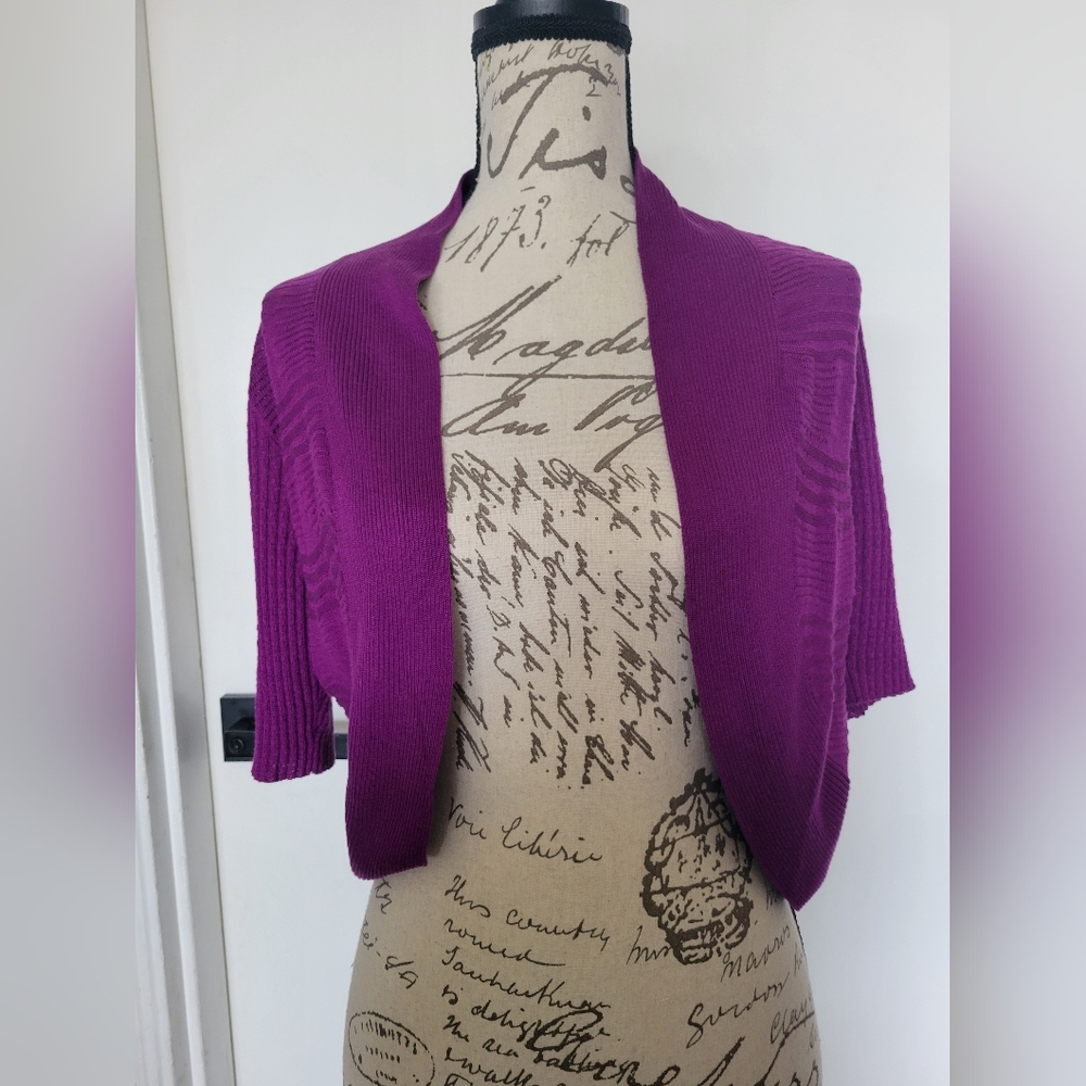 Calvin Klein Silk Blend Purple Knit Cropped Cardigan Short Sleeve XS
